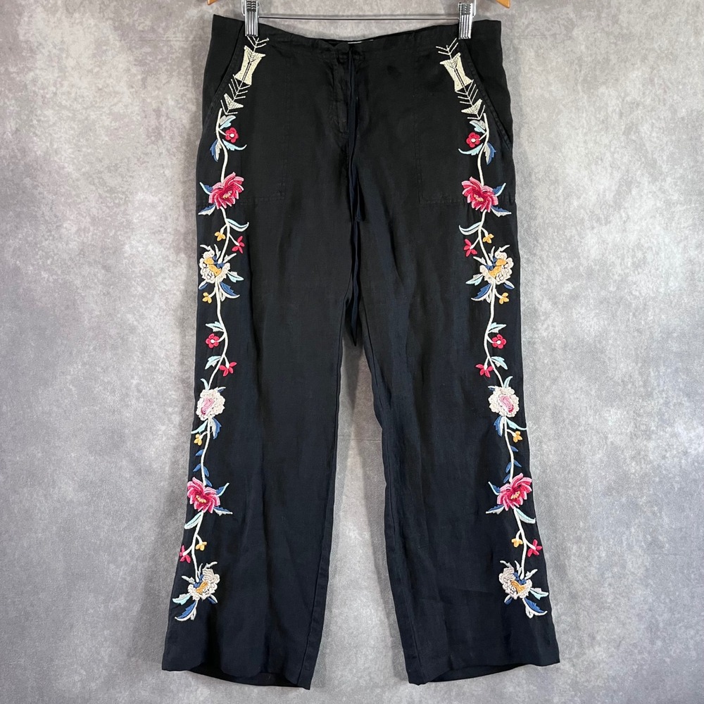 Johnny Was JW Los Angeles Pants Womens Small Black Floral Embroidered Linen Boho